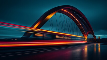 Obraz premium Night scene of a modern arch bridge with light trails of a speeding vehicle.