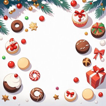 A white Christmas-themed background decorated with colorful candies, lollipops, and sweets scattered in a charming 2D cartoon style