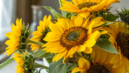 Obraz premium Bright bouquet of yellow sunflowers with green leaves, light background, close-up.