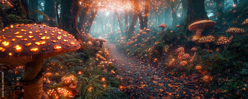 Poster a mystical forest pathway illuminated by bioluminescent mushrooms and enchanting foliage.