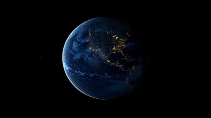 Obraz premium Night view of Earth from space, showcasing city lights and cloud formations against a dark backdrop.