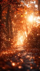 Naklejka premium Enchanting autumn forest bathed in radiant sunshine with a winding path leading through the vibrant lush foliage and dazzling golden light creating a serene magical atmosphere