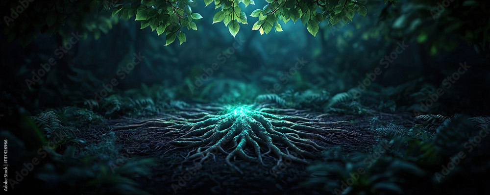 Poster a mystical forest scene with glowing roots and lush green foliage in serene light.