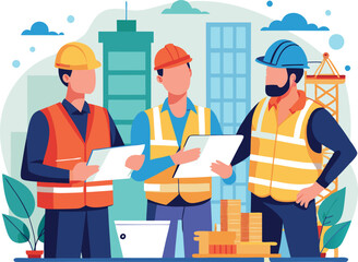 builders planning design builders discussing teamwork civil engineers meeting vector illustration graphic design artwork
