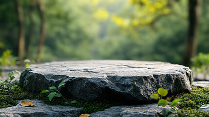 Obraz premium The empty rock still life display stands in the sunlight of the woods