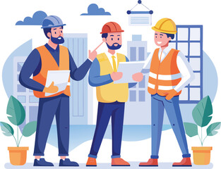 builders planning design builders discussing teamwork civil engineers meeting vector illustration graphic design artwork