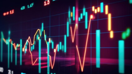 neon glowing business graph illustration, neon glowing increasing sales graph on black blue background, neon glowing pink line graph illustration, neon graph company increasing lines