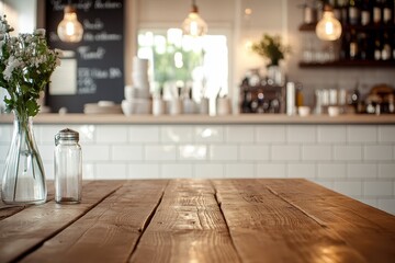 A cozy caf? interior with a wooden table and a blurred background of a bar area.