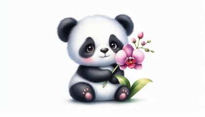 Obraz premium Cute panda holding an orchid flower on a white background. Watercolor illustration for design and print