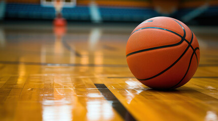 Naklejka premium Close-Up of a Basketball Resting on an Empty Hardwood Court Surface