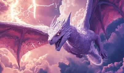 A majestic white dragon soaring through stormy clouds with lightning.