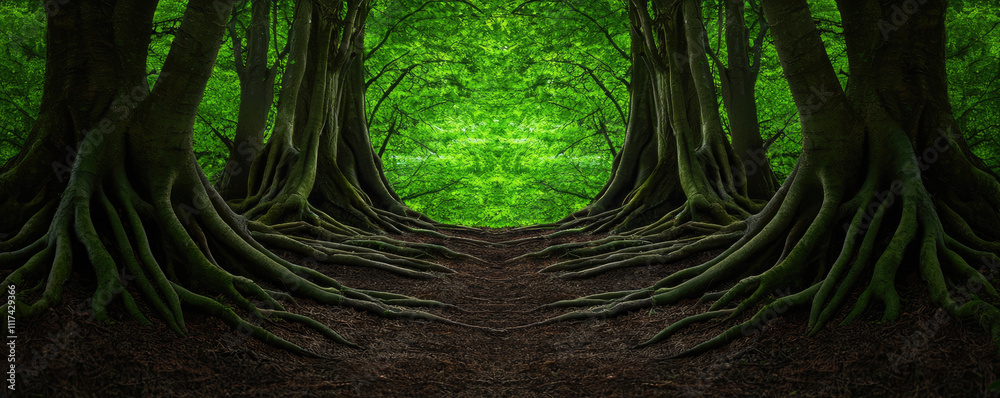 Poster A serene forest path surrounded by towering trees and lush greenery.