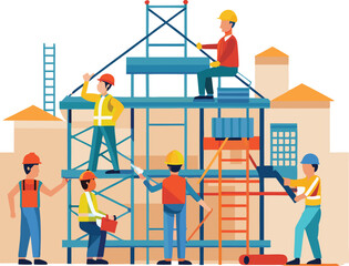 buiders working on scaffolding and building frame construction progress vector illustration graphic design artwork