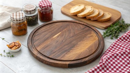Rustic kitchen scene with a round wooden cutting board surrounded by food ingredients on a table