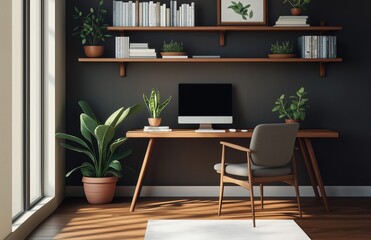 Modern living room with wooden desk and chair, computer surrounded by green plants