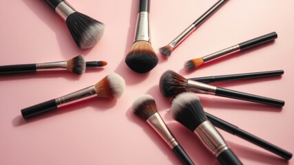 A collection of various makeup brushes with different sizes and shapes arranged on a soft pink surface, showcasing the tools of a beauty enthusiast.