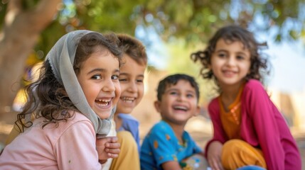 Four joyful children smiling outdoors under a tree.