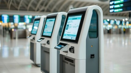 A high-tech travel kiosk at an international airport, offering services like visas, tickets, and weather updates.