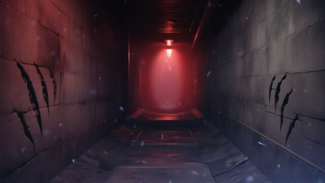 A dimly lit corridor with claw marks, evoking a sense of mystery and suspense.