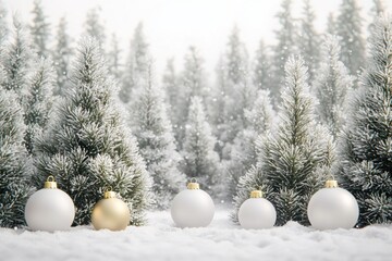 A serene winter scene featuring snow-covered trees and decorative Christmas ornaments.