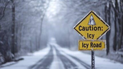 Caution icy road sign on snowy road.