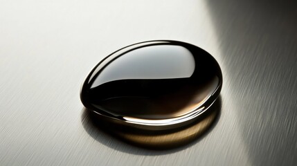 Close-up of a dark, reflective droplet on a metallic surface.