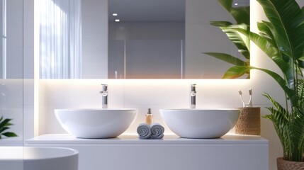 Modern bathroom with dual sinks, plants, and soft lighting.