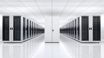 Naklejka premium Information technology integrates cybersecurity. Data center with rows of servers