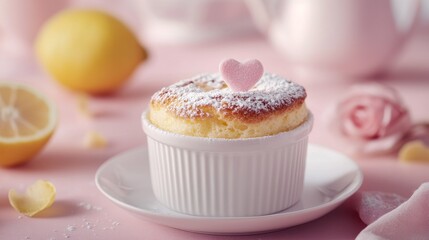 Elegant lemon souffl? topped with powdered sugar and pink heart, set against a soft pink backdrop with a lemon.