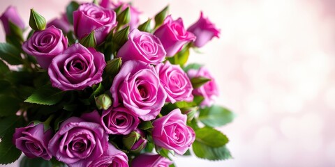 A Delicate Bouquet of Soft Pink Roses with Lush Green Foliage Against a Subtle Pink Background