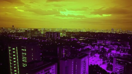 Fototapeta premium A vibrant city skyline at dusk with a surreal purple hue.