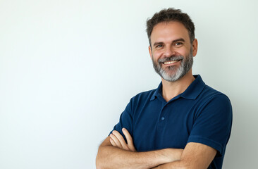 Portrait of a happy, bearded man in a blue polo shirt, standing confidently with arms crossed against a white background. Ideal for professional profiles, ads, or templates with ample space for added 