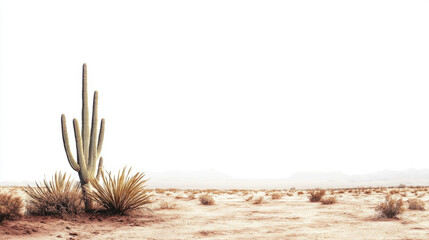 Lone cactus in a vast desert landscape with sparse vegetation under a clear, white sky.