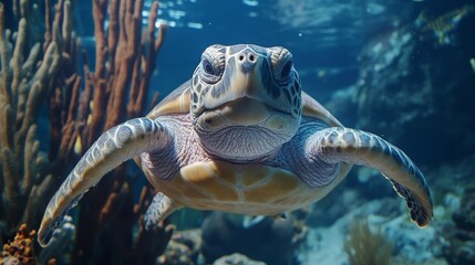 Fototapeta premium Underwater Scene Featuring a Graceful Sea Turtle Swimming in Crystal Clear Waters Surrounded by Vibrant Coral Reefs and Marine Life in a Tropical Environment