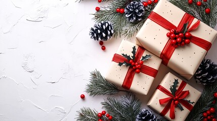 Christmas presents with red ribbons surrounded by pinecones and festive greenery, creating a warm holiday atmosphere.