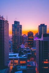 Fototapeta premium A vibrant city skyline at sunset, showcasing modern architecture.