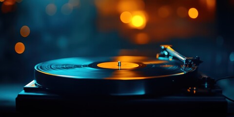 A close-up of a vinyl record spinning on a turntable, illuminated by soft, colorful lights, creating a nostalgic and vibrant atmosphere.