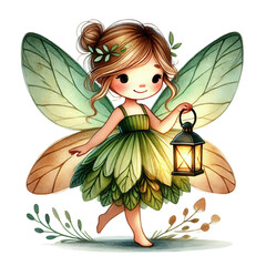 A serene green fairy with glowing wings, a leaf-inspired dress, and a lantern illuminating her magical path.