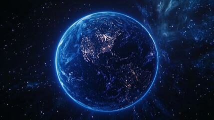 Naklejka premium Vector. Abstract dark blue technological polygonal background. The human valley holds planet Earth. Polygonal contours of continents. Neon hologram.