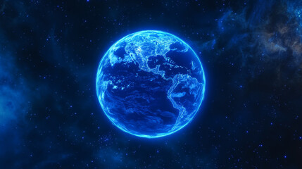 Vector. Abstract dark blue technological polygonal background. The human valley holds planet Earth. Polygonal contours of continents. Neon hologram.