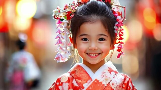 Young girl smiles sweetly while celebrating shichi go san at a local shrine. She is dressed in a vibrant red kimono with her hair done up in a traditional style.  Copy space