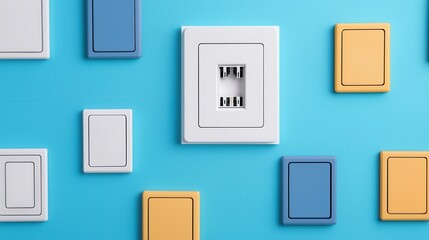 Electrical outlets plug and compact, A colorful wall featuring various electrical switch plates and outlets against a bright blue background.