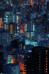 A vibrant cityscape illuminated at night with glowing buildings.