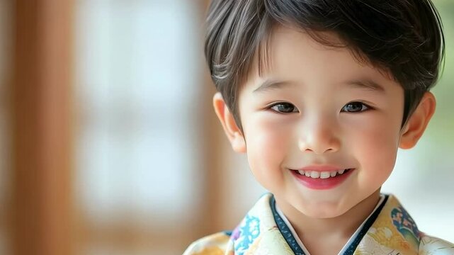 Young japanese boy in traditional kimono smiles broadly while celebrating shichi go san, a traditional rite of passage and festival in japan for three, five and seven-old children. Shichi-Go-San