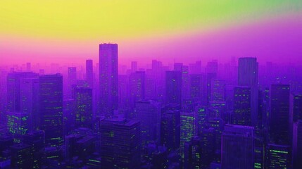 Fototapeta premium A vibrant cityscape at dusk, showcasing colorful skyscrapers.