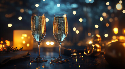 Elegant champagne flutes sparkle in a festive atmosphere with glowing lights and decorations