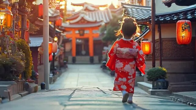 Little girl wearing traditional japanese kimono walking on a street of gion district in kyoto, japan, at sunset time. . Shichi Go San. Banner. Copy space