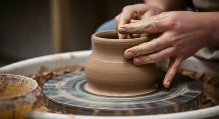 Close-up of hands crafting pottery on a spinning wheel