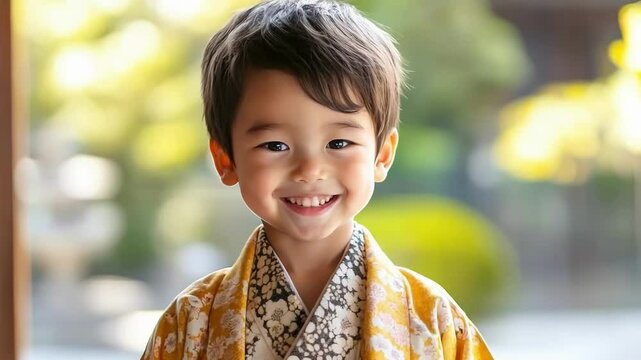 Young japanese boy in traditional kimono smiles broadly while celebrating shichi go san, a traditional rite of passage and festival in japan for three, five and seven-old children. Shichi-Go-San