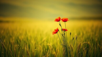 Obraz premium A cluster of vibrant red poppies stand tall amidst a field of golden green wheat, bathed in the soft glow of the setting sun.